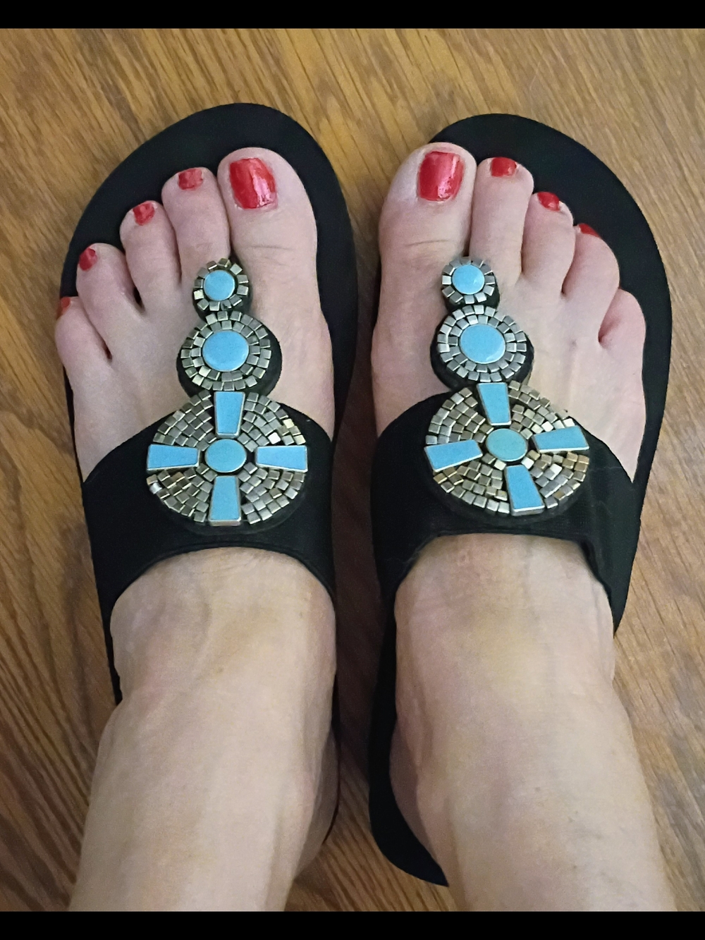 Yellow Box Black Sandals with Turquoise Accents